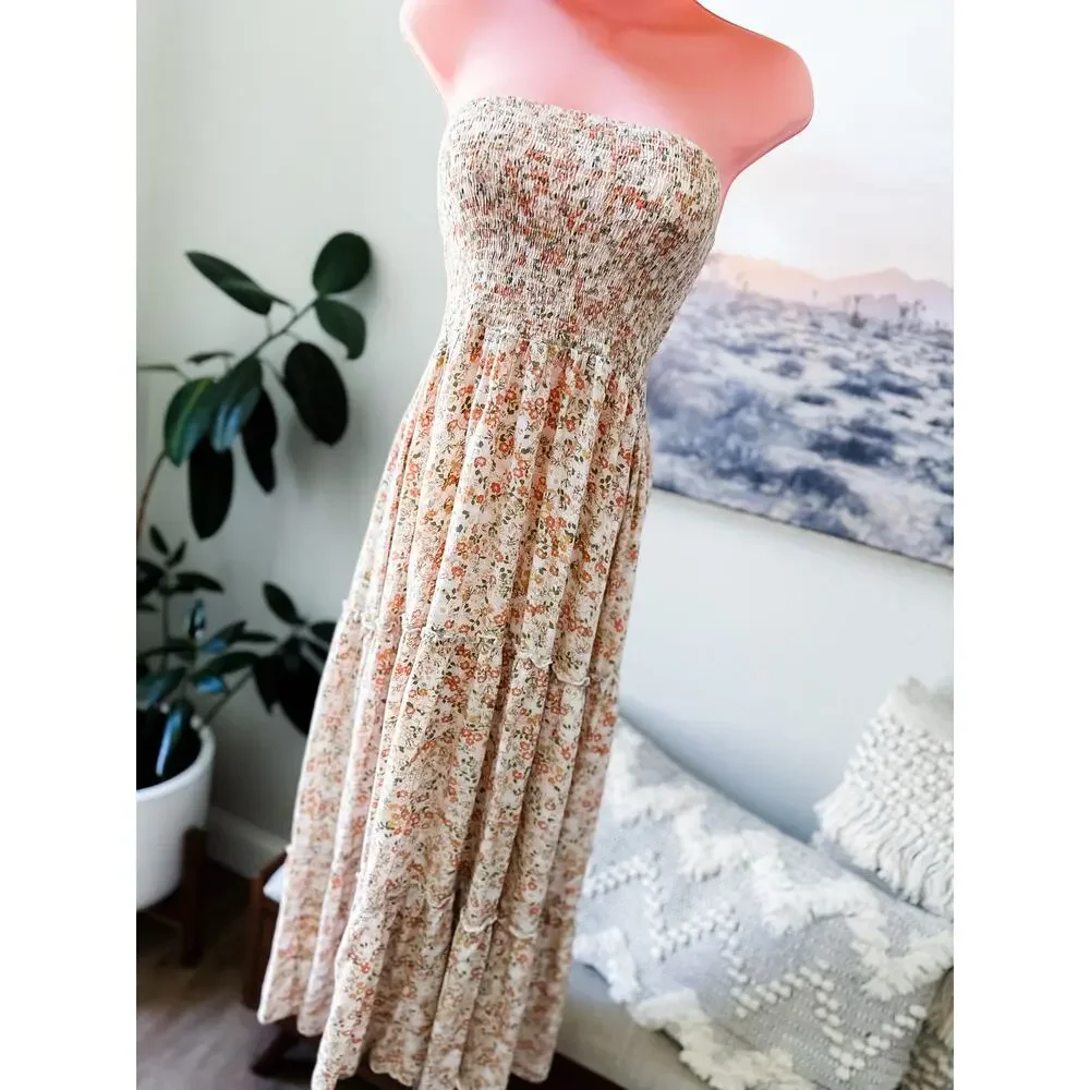 Twirl into Flowers strapless Smocked flowy blooming floral Maxi dress